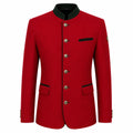A red men's jacket with a mandarin collar, silver-tone buttons, and black trim details, shown on a plain white background.