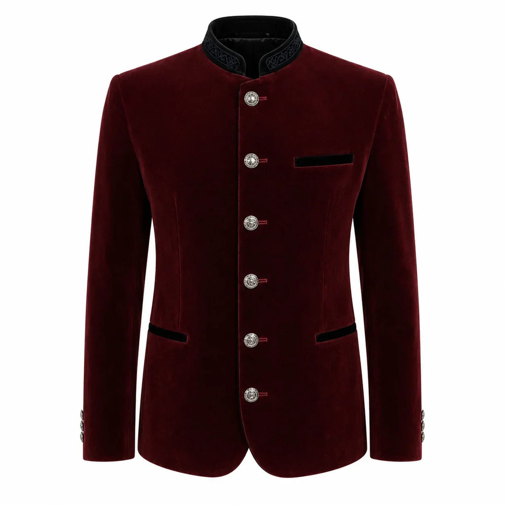 A men's traditional-style jacket in deep burgundy velvet with a black mandarin collar, black pocket flaps, and silver-tone decorative buttons, shown on a plain white background.