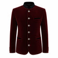 A men's traditional-style jacket in deep burgundy velvet with a black mandarin collar, black pocket flaps, and silver-tone decorative buttons, shown on a plain white background.