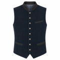 A dark navy blue waistcoat vest with a high dark gray collar, front button closure, and welt pockets, shown against a plain white background.