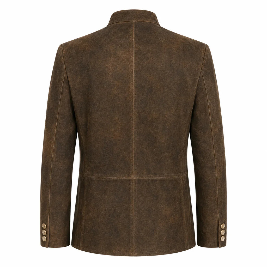 A brown textured suede or nubuck blazer shown from the back, featuring a collar, long sleeves, and button details on the cuffs and lower back, set against a plain white background.