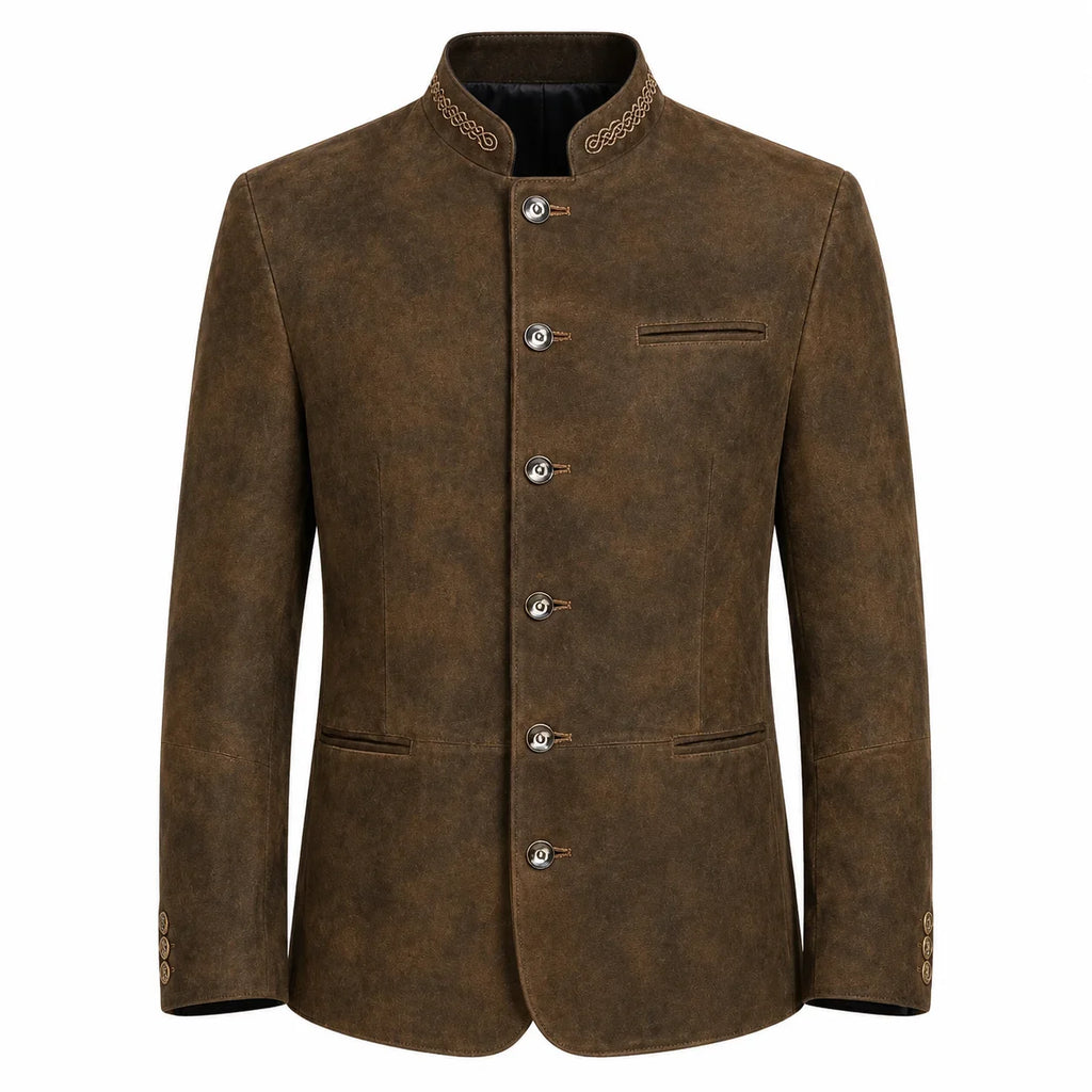 A men's brown suede jacket with a mandarin collar, decorative embroidered trim, and silver-tone buttons, shown against a plain white background.