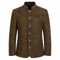 A men's brown suede jacket with a mandarin collar, decorative embroidered trim, and silver-tone buttons, shown against a plain white background.