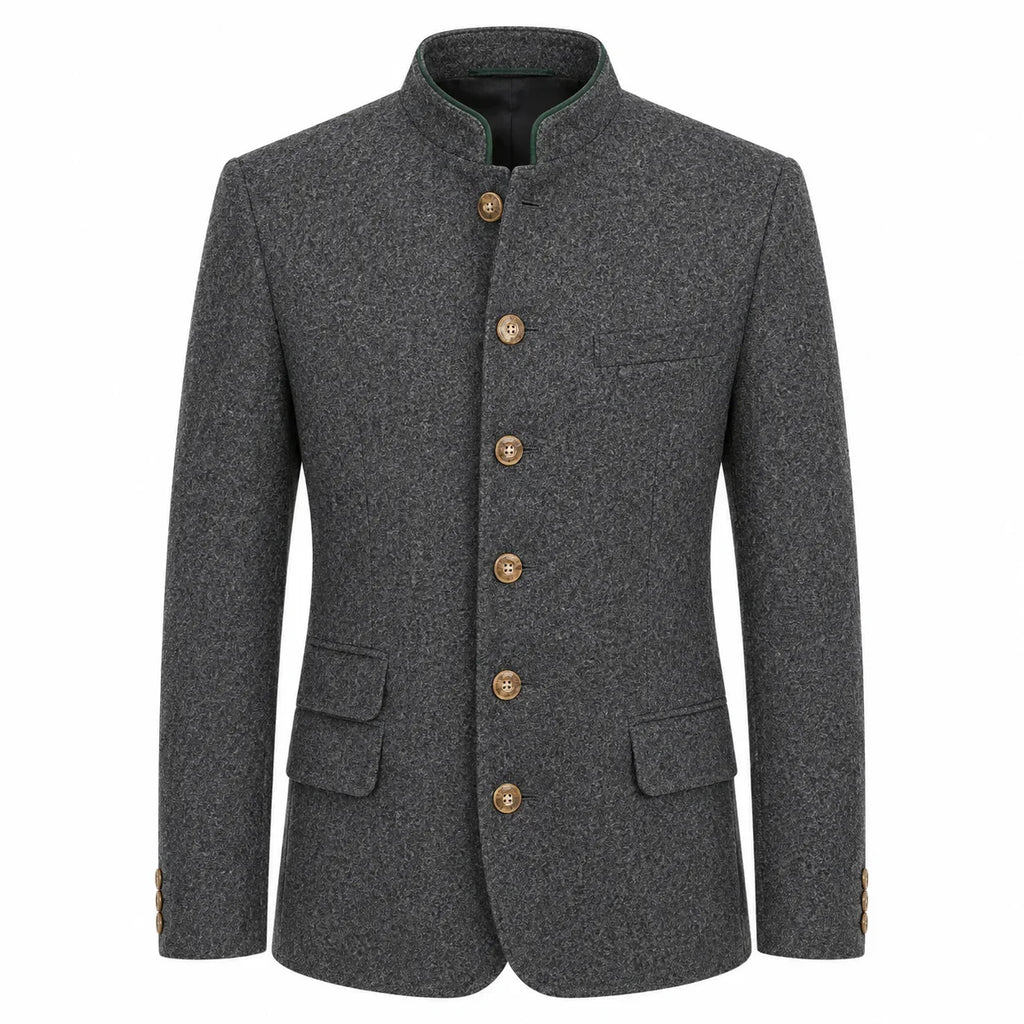 A dark gray textured wool jacket with a mandarin collar and five gold-colored buttons, shown on a plain white background.