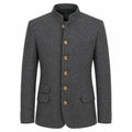 A dark gray textured wool jacket with a mandarin collar and five gold-colored buttons, shown on a plain white background.