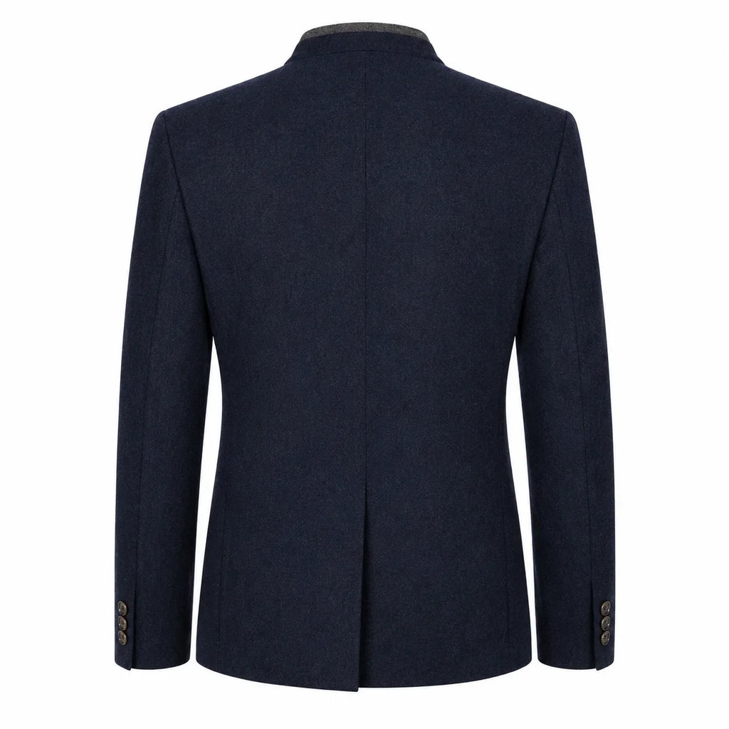 A dark navy blue wool-blend blazer shown from the back, featuring a structured collar, long sleeves, and a central seam, set against a plain white background.