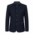 A men's dark navy blue jacket with a mandarin collar, brown buttons, and gray trim details on the collar, pocket, and pocket flaps, shown against a plain white background.