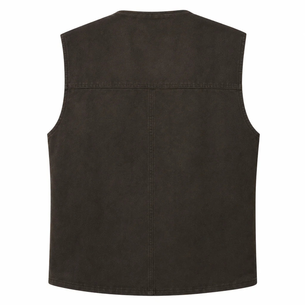 A dark brown sleeveless vest with a textured fabric finish, shown from the back against a plain white background.