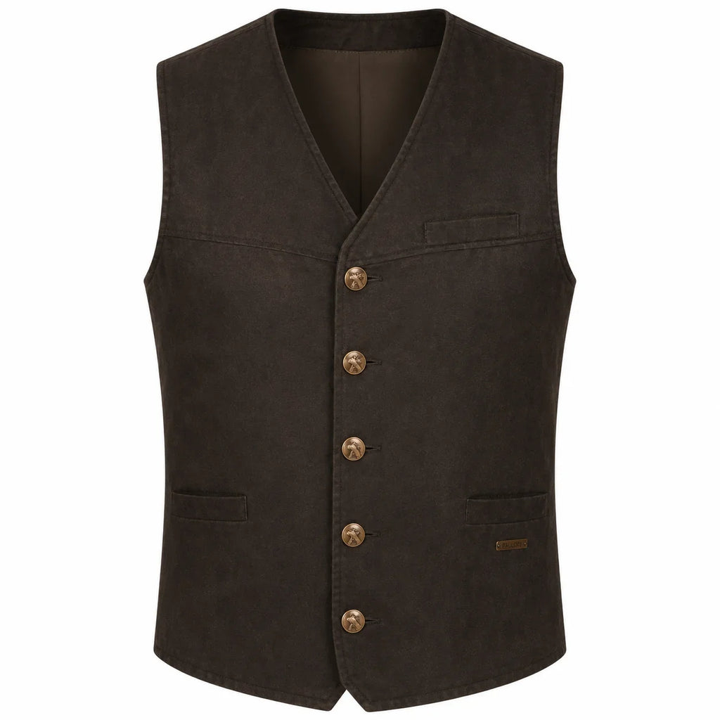 A dark brown vest with a V-neck, five front buttons, and two front pockets, shown against a plain white background.