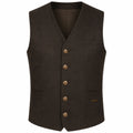A dark brown vest with a V-neck, five front buttons, and two front pockets, shown against a plain white background.