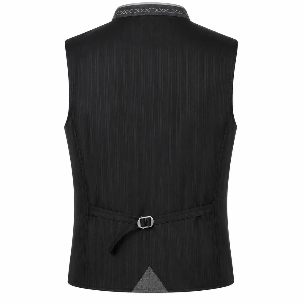 Black sleeveless vest with vertical textured stripes, featuring a decorative collar, a tie belt with a silver buckle at the back, and a gray triangular accent at the hem, shown on a white background.