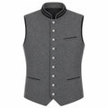 A gray wool-blend waistcoat vest with a mandarin collar, decorative black trim, and silver-tone buttons, shown on a plain white background.