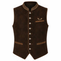 A dark brown suede-like waistcoat vest with decorative gold-toned buttons, embroidered trim on the collar and pocket, and a small deer antler motif on the chest, shown against a plain white background.