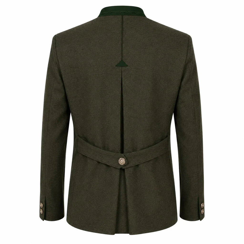 The back view of an olive green wool blazer with a matching waist belt and a single decorative button, shown on a plain white background.