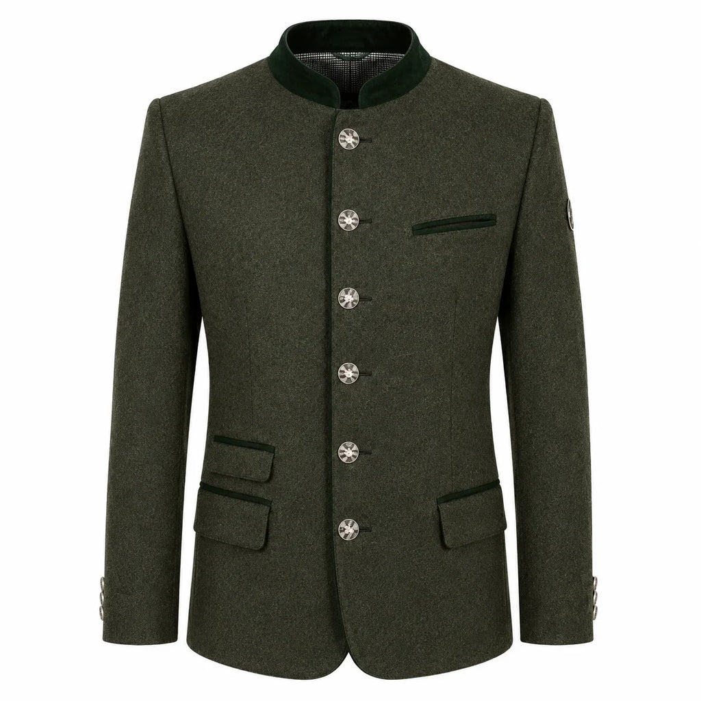 An olive green men's jacket with a mandarin collar, decorative silver-tone buttons, and flap pockets, shown on a plain white background.
