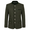 An olive green men's jacket with a mandarin collar, decorative silver-tone buttons, and flap pockets, shown on a plain white background.
