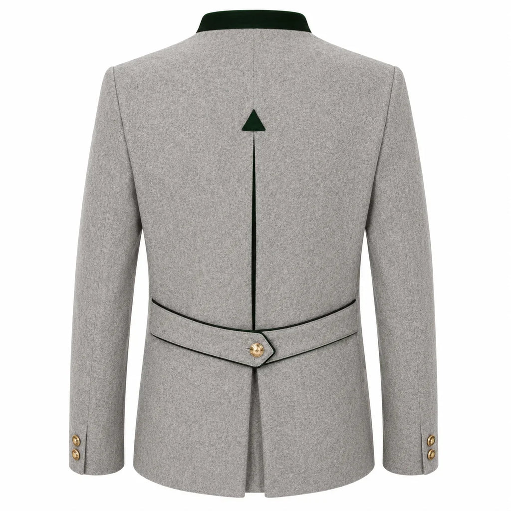 A light gray textured blazer shown from the back, featuring a dark green velvet collar, a central vertical seam with a small green triangle emblem, a matching waist belt with a gold button, and gold button details on the cuffs.