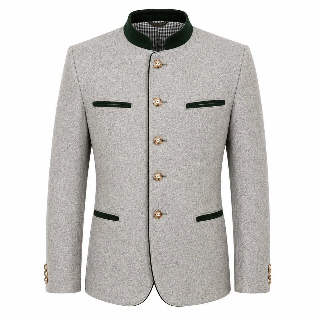 A light gray textured jacket with a dark green mandarin collar, green trim details, and gold-tone buttons, shown on a plain white background.