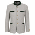 A light gray textured jacket with a dark green mandarin collar, green trim details, and gold-tone buttons, shown on a plain white background.