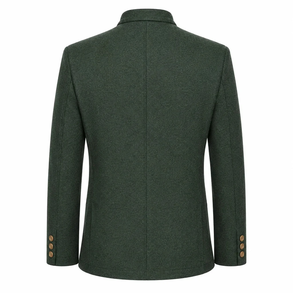 The back view of a dark forest green wool-blend blazer with a collar and three gold buttons on each sleeve cuff, shown against a plain white background.