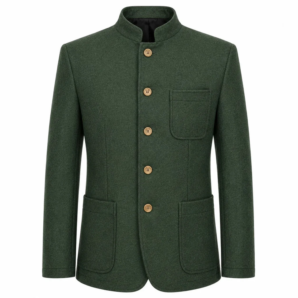 A dark green wool-blend jacket with a mandarin collar, four gold-tone buttons, a chest pocket, and two large front patch pockets, shown on a plain white background.