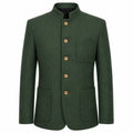 A dark green wool-blend jacket with a mandarin collar, four gold-tone buttons, a chest pocket, and two large front patch pockets, shown on a plain white background.