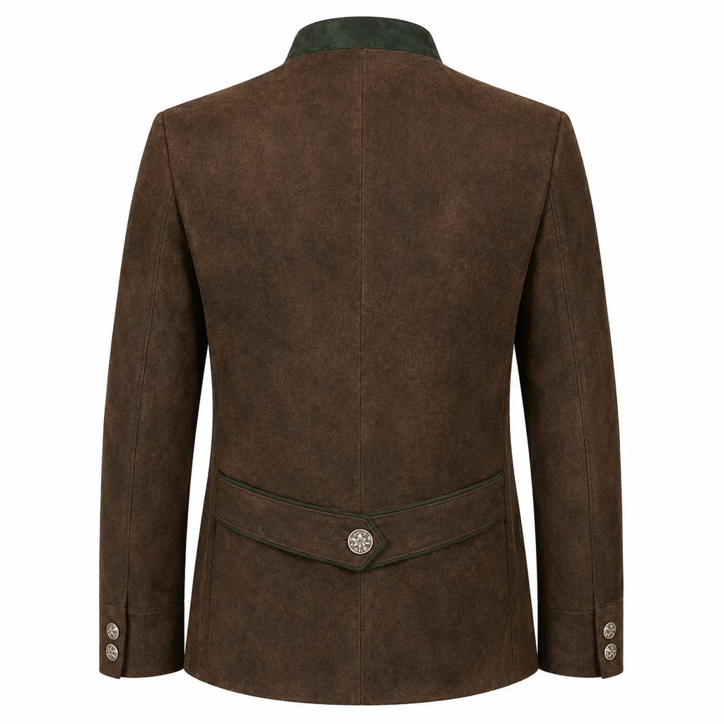 The back view of a men's brown suede jacket with a dark green collar, waist trim, and button details, shown on a plain white background.