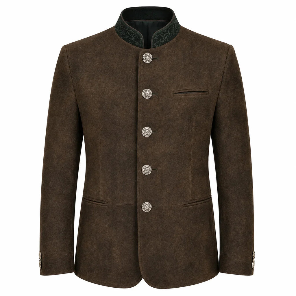 A men's brown suede jacket with a mandarin collar, featuring a dark green patterned inner lining, decorative silver-tone buttons, and a welt pocket on the left chest, shown against a plain white background.
