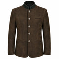 A men's brown suede jacket with a mandarin collar, featuring a dark green patterned inner lining, decorative silver-tone buttons, and a welt pocket on the left chest, shown against a plain white background.