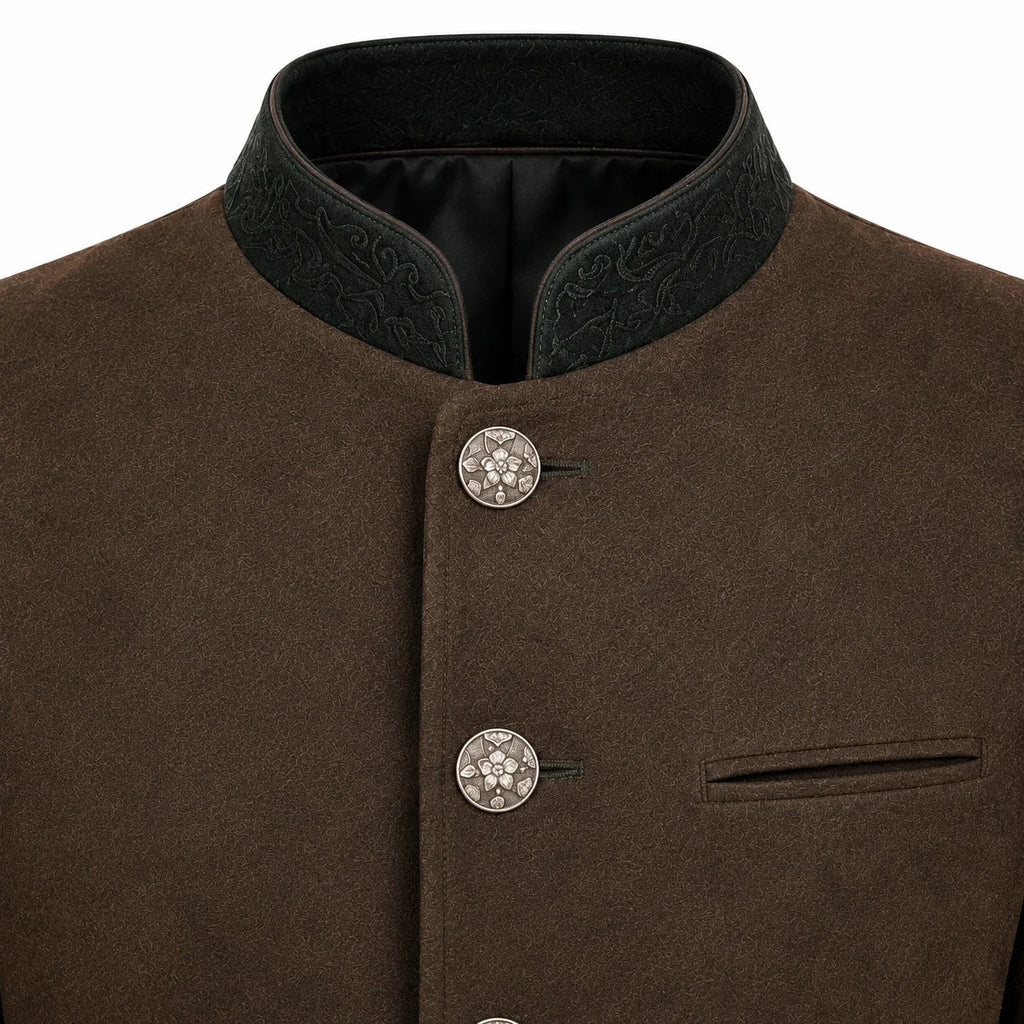 Close-up of a brown textured jacket with a dark green embroidered mandarin collar and decorative silver-tone buttons.