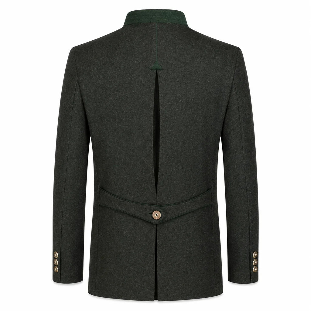The back view of a dark forest green wool-blend jacket with a single button closure at the waist, decorative button cuffs, and a high collar, shown on a plain white background.