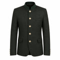 A dark charcoal gray traditional jacket with a mandarin collar, gold buttons, and a green inner collar, shown on a plain white background.