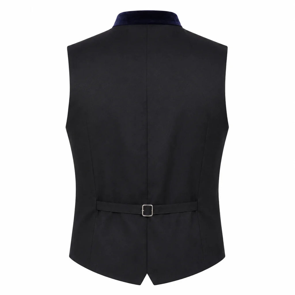 Black men's waistcoat vest with a navy blue velvet collar and a matching waist belt with a silver buckle, shown from the back on a white background.