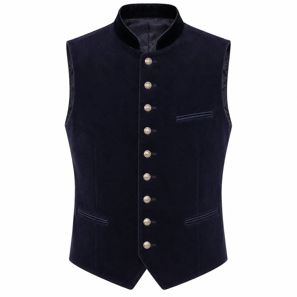A dark navy blue velvet waistcoat vest with a high stand collar, decorative gold-tone buttons down the front, and welt pockets, shown against a plain white background.