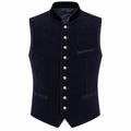 A dark navy blue velvet waistcoat vest with a high stand collar, decorative gold-tone buttons down the front, and welt pockets, shown against a plain white background.
