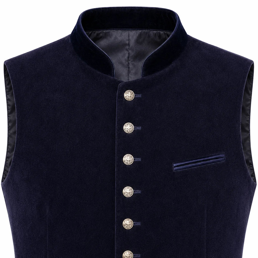 A dark navy blue velvet waistcoat vest with a stand collar, decorative silver-tone buttons down the front, and a matching chest pocket, shown against a plain white background.