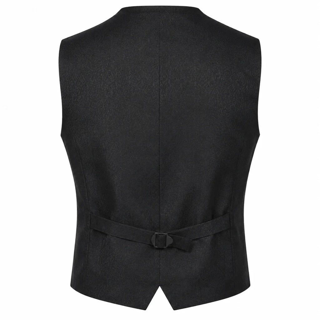 Black formal waistcoat shown from the back, featuring a self-tie belt with a small buckle at the waist, set against a plain white background.