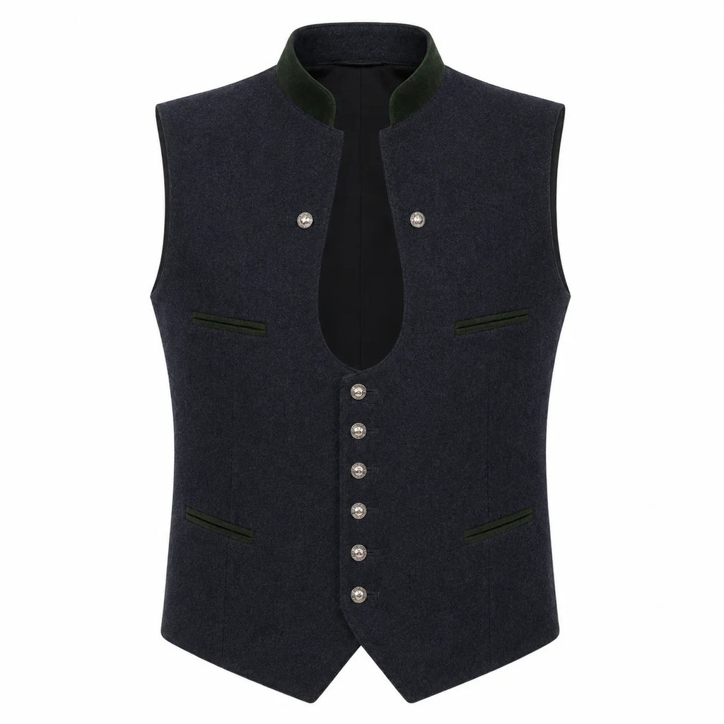 A dark navy blue wool vest with a high collar, contrasting dark green trim, and silver-tone buttons, shown against a plain white background.