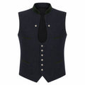 A dark navy blue wool vest with a high collar, contrasting dark green trim, and silver-tone buttons, shown against a plain white background.