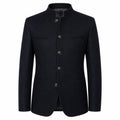 A men's dark navy blue jacket with a distinctive mandarin collar, four front buttons, and flap chest pockets, shown against a plain white background.