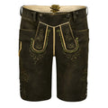 Traditional black leather shorts with gold embroidery on a white background