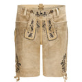 Traditional Bavarian lederhosen with floral embroidery on a white background