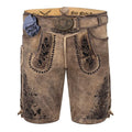 Brown leather shorts with decorative patterns and a belt on a white background