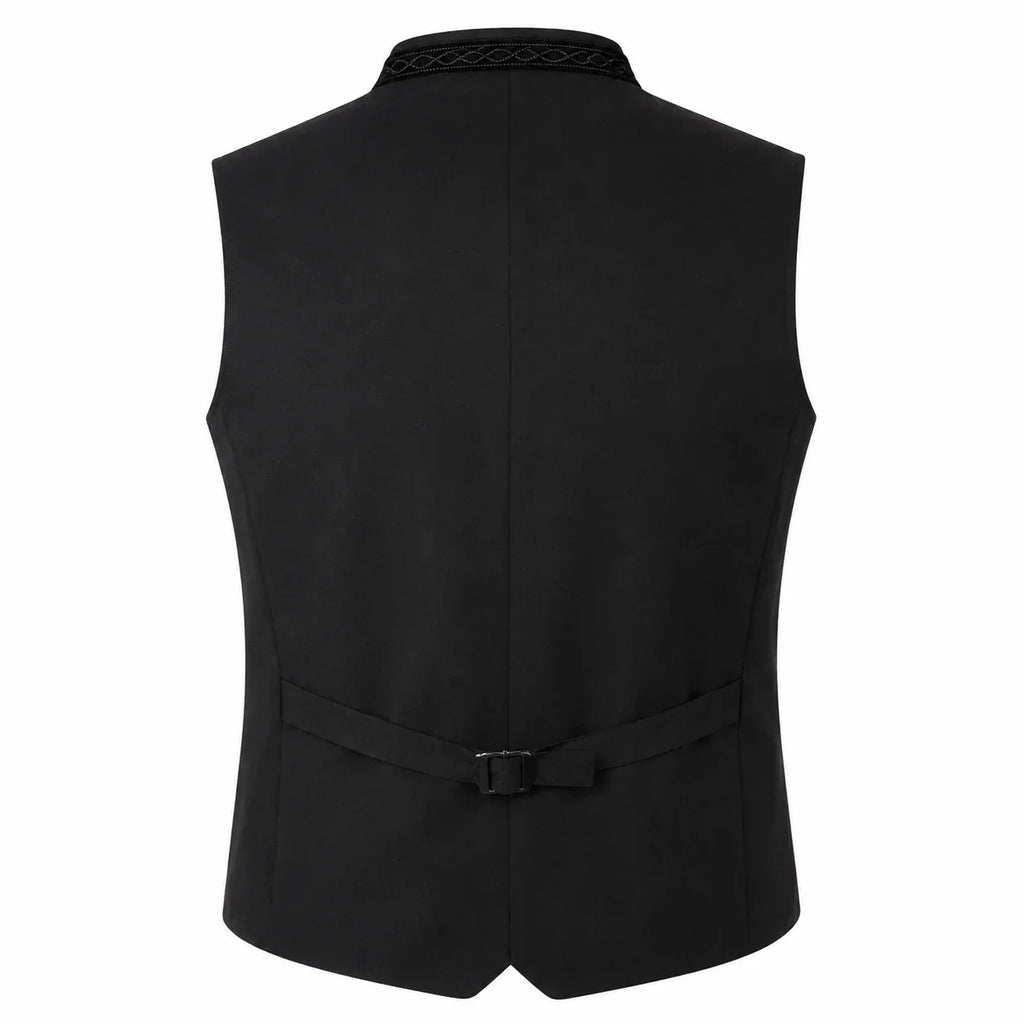 Black men's waistcoat vest shown from the back, featuring a braided collar and a matching waist tie with a buckle, on a solid white background.