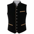 A black velvet men's waistcoat vest with gold trim, featuring a mandarin collar, decorative button details, and a button-down front, shown on a plain white background.
