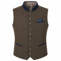 A men's waistcoat vest in textured brown wool with dark navy blue trim on the collar, pocket flaps, and button placket, featuring a matching patterned blue pocket square.