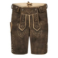 Brown leather shorts with decorative patterns on a white background