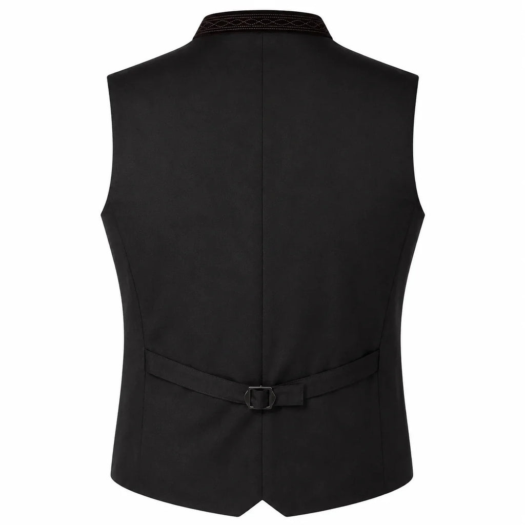 Black men's waistcoat vest shown from the back, featuring a structured collar, a self-tie belt with a metal buckle at the waist, and a subtle textured pattern along the inner collar, set against a plain white background.