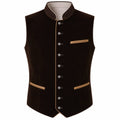 A dark brown velvet waistcoat vest with gold trim, decorative buttons, and a mandarin collar, shown against a plain white background.
