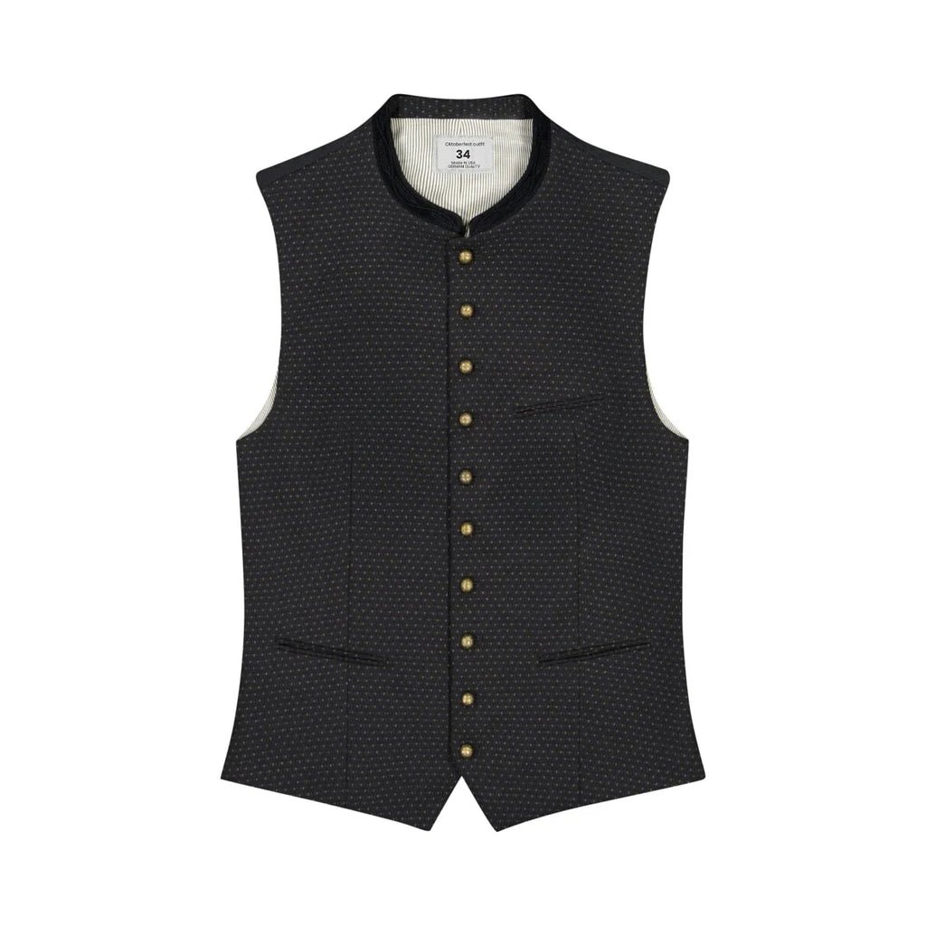 Black patterned vest with gold buttons on a white background